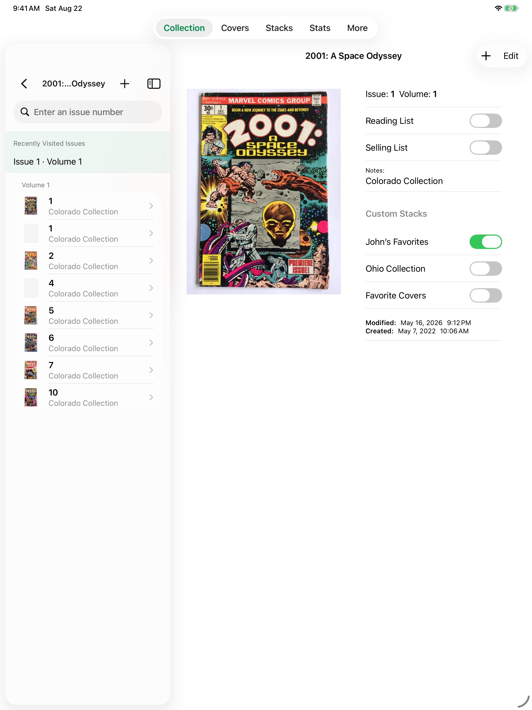 Near Mint on iPad with title list, comic cover, and issue details visible together