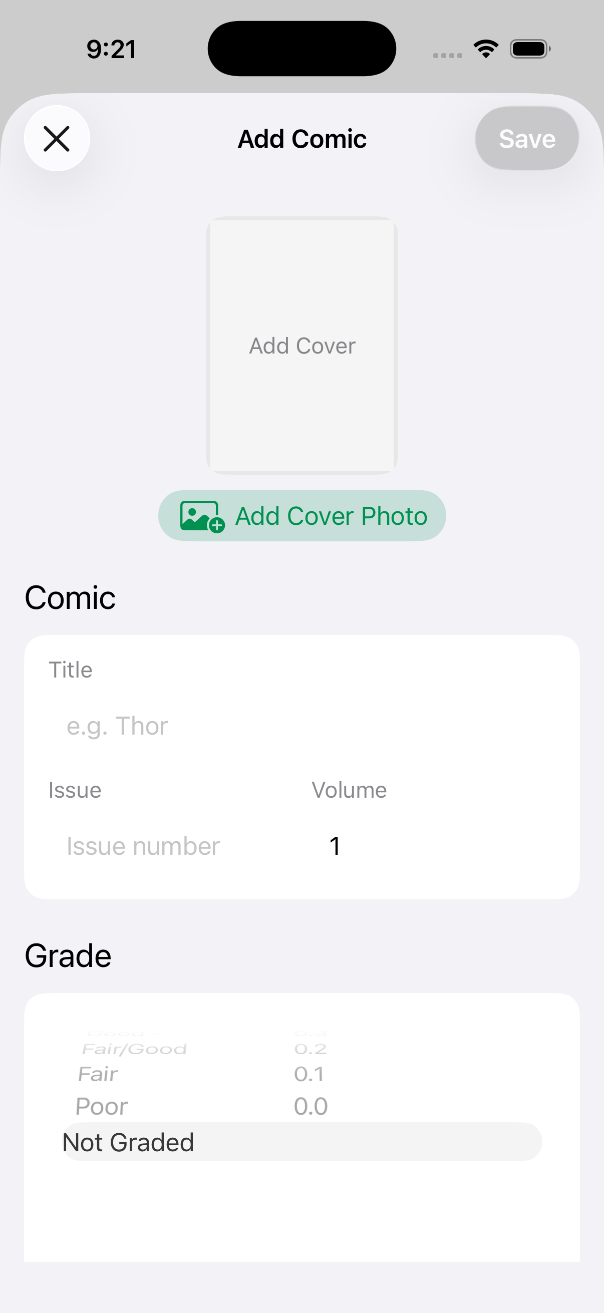The Add Comic screen on iPhone