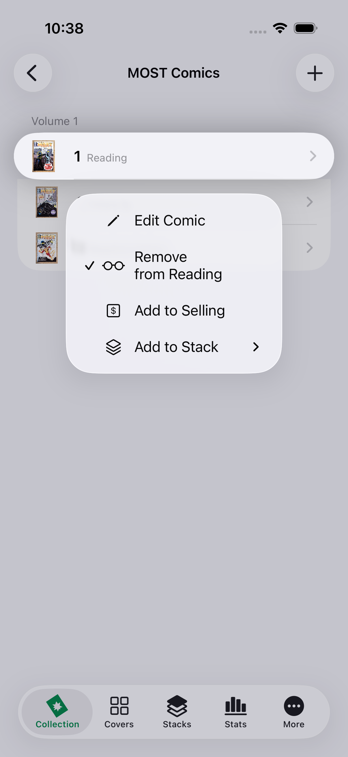 The touch-and-hold menu open on a comic row