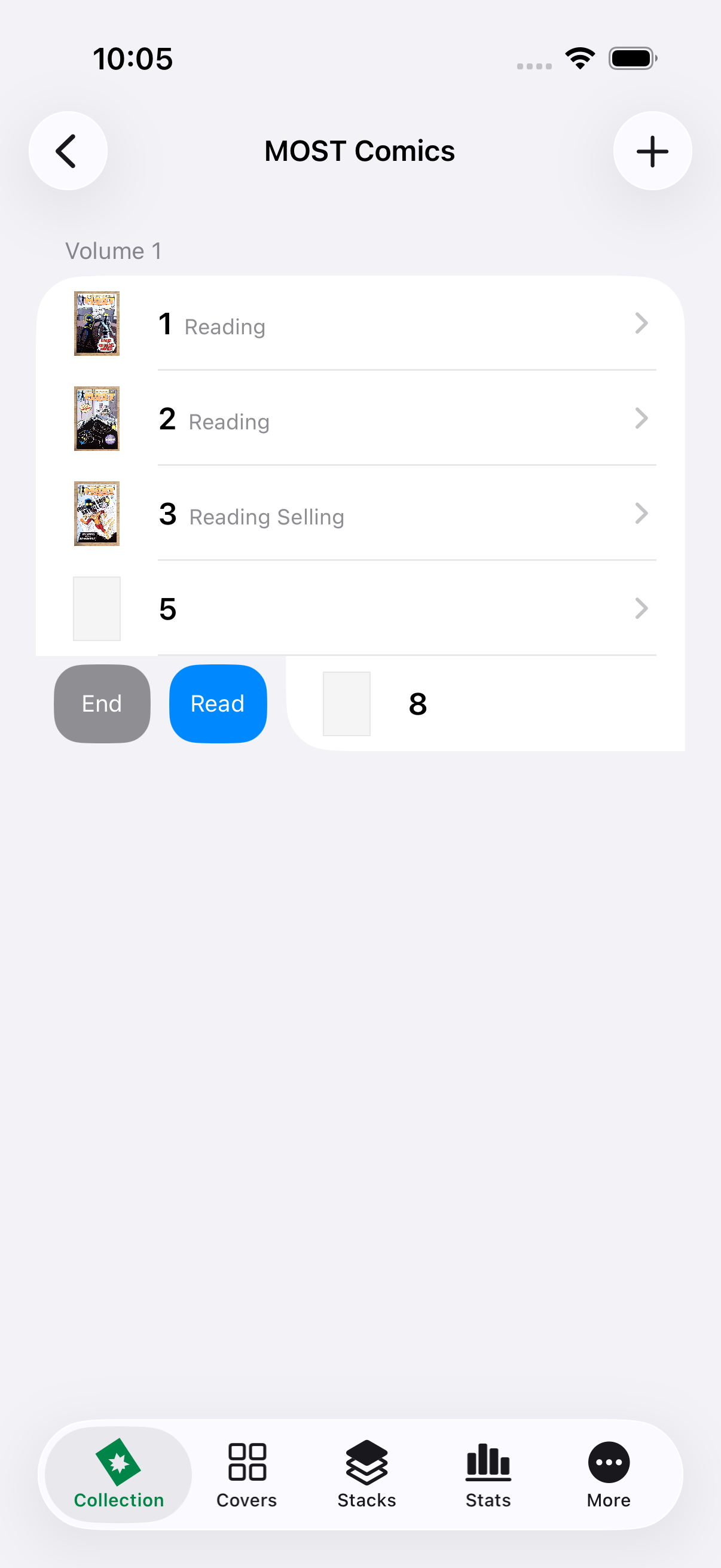 The last issue swiped right with the End action visible