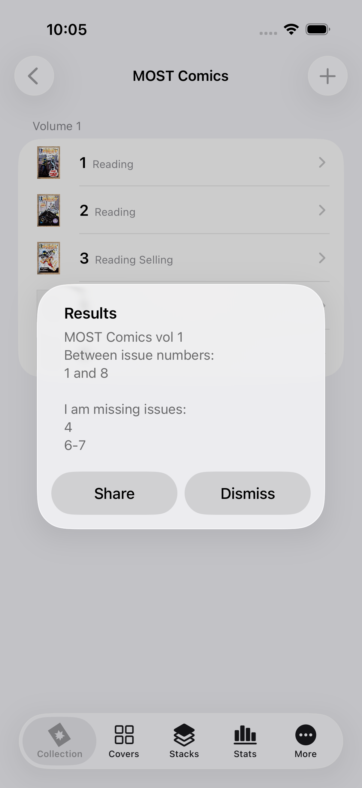 The Results alert listing missing issue 4 and issues 6 through 7