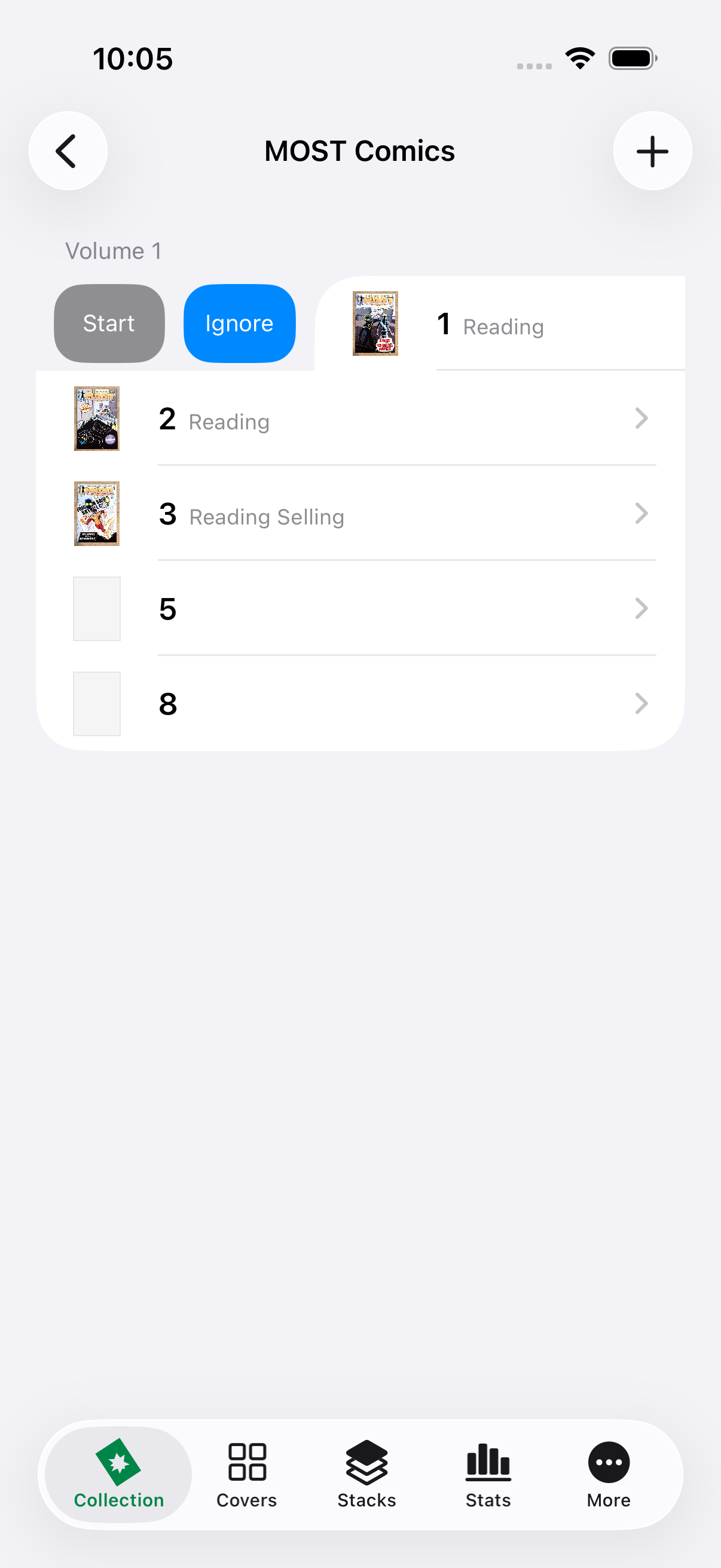 The first issue swiped right with the Start action visible